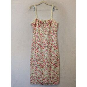 Commense Floral Print Midi Dress Spaghetti Straps Lace Trim Summer Casual L